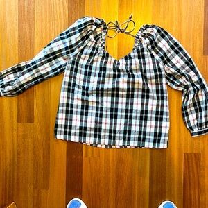 Plaid woven women’s top — V-Neck back with drawstring